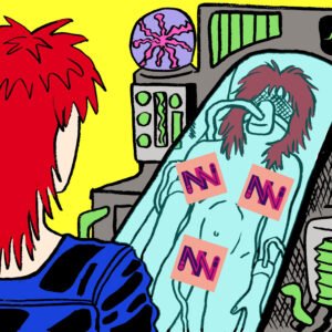 The cover of All-New Sloane Lone. Someone is inside of a tube filled with healing fluid. Someone else is watching the tube.