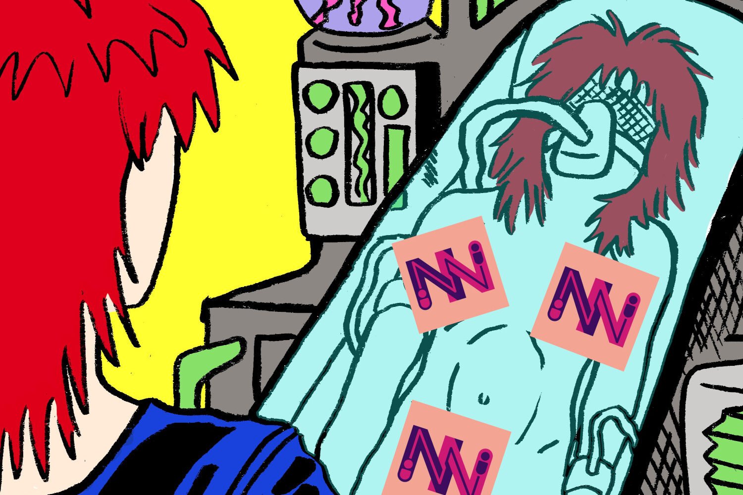 The cover of All-New Sloane Lone. Someone is inside of a tube filled with healing fluid. Someone else is watching the tube.